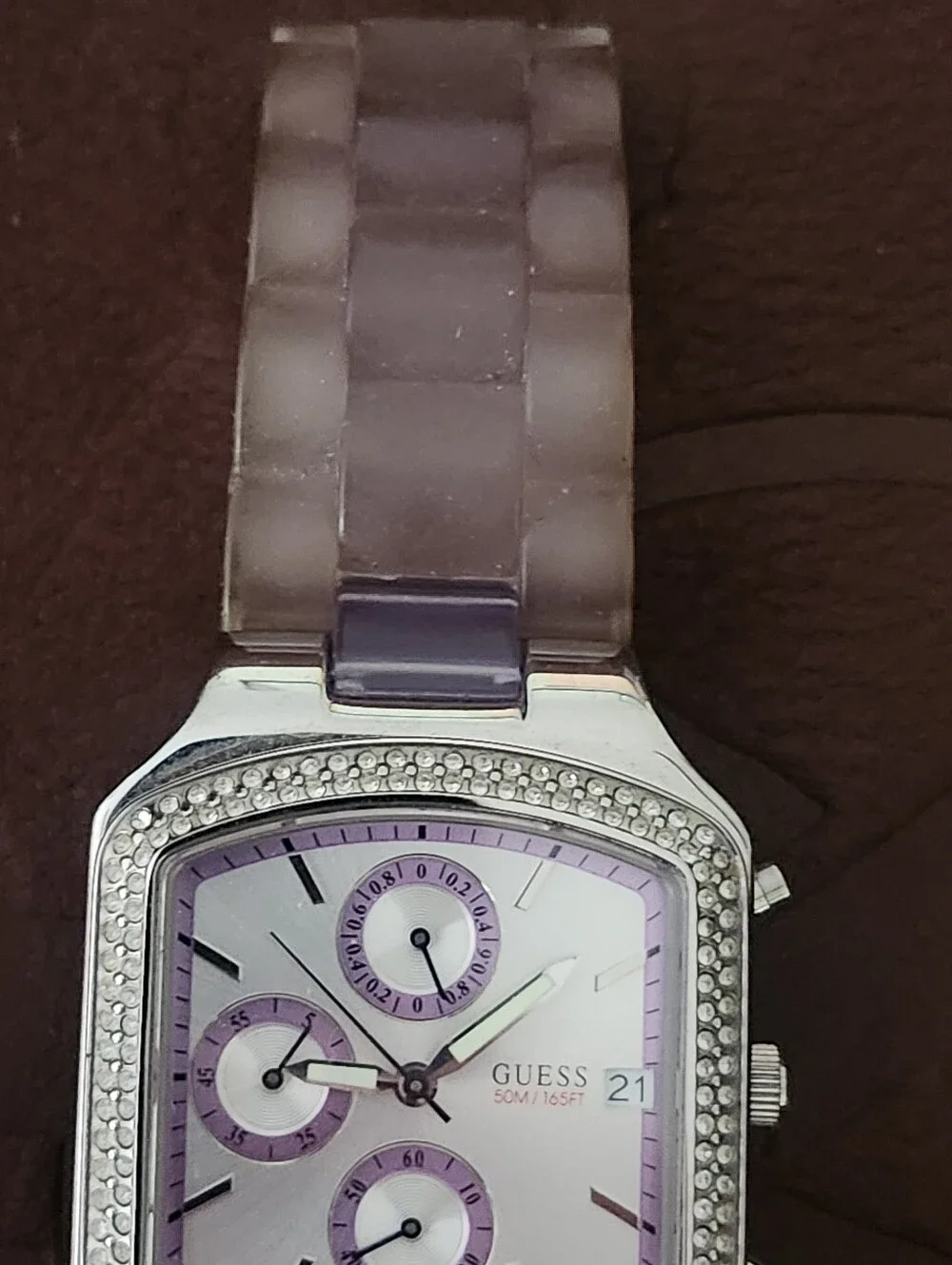 GUESS Deco Purple Crystal-Trim Purple Face Chronograph Watch-  New In Box